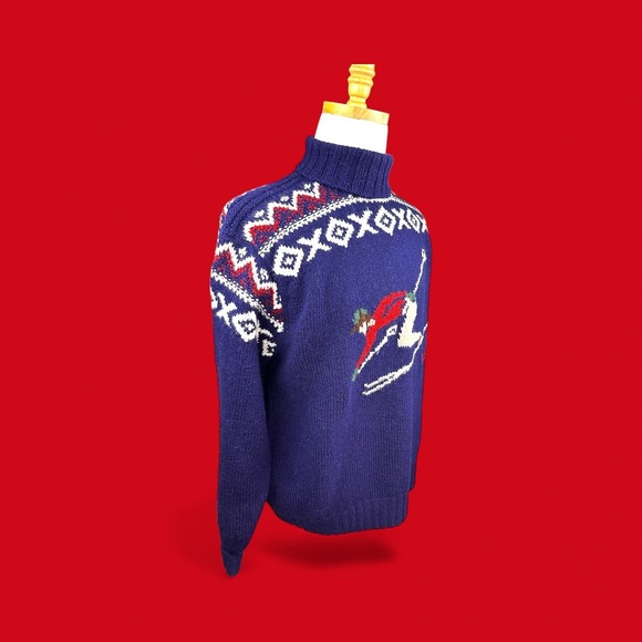Polo Ralph Lauren Vintage Mens Skiing Turtleneck Sweater Blue Wool XL Hand Knit - Picture 4 of 9